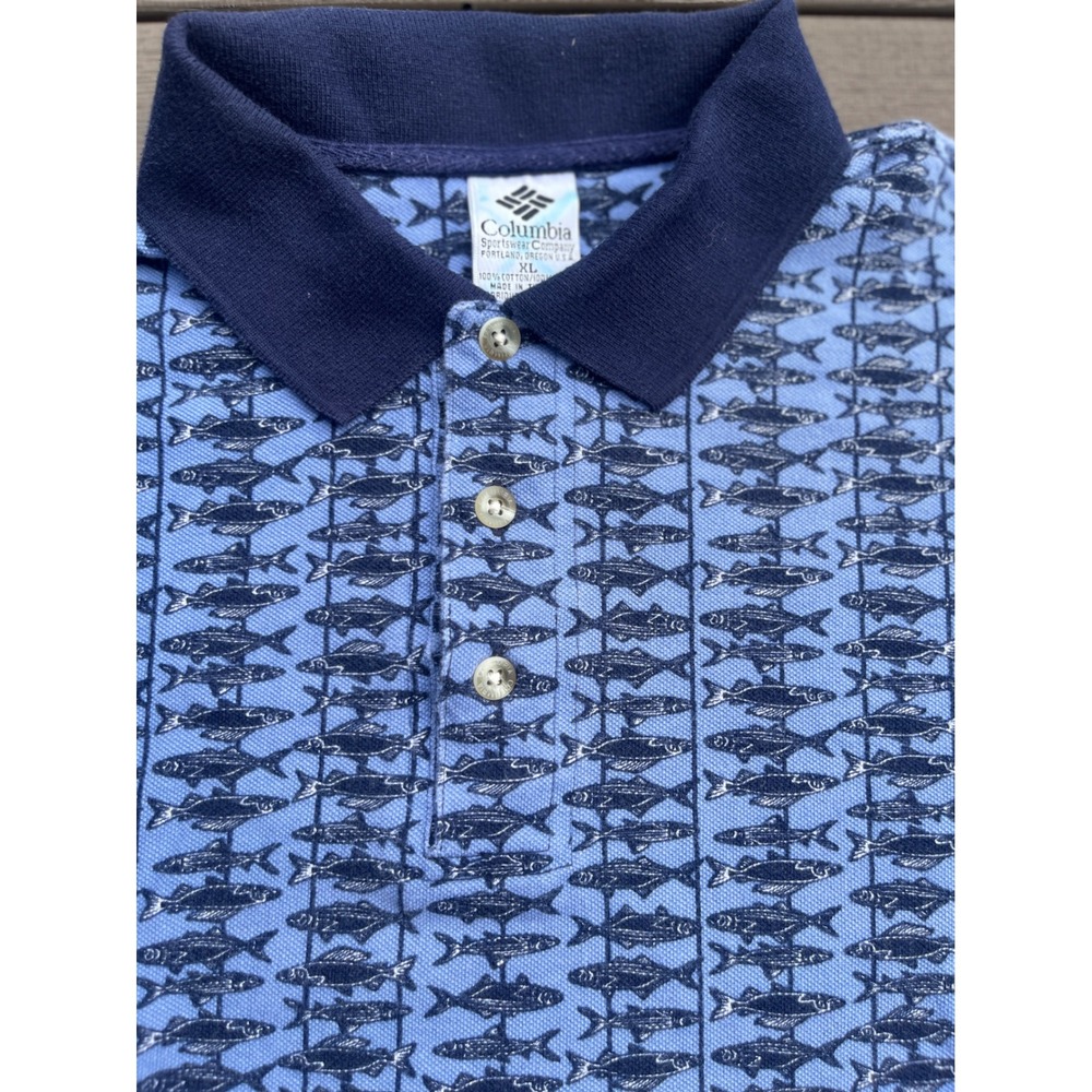 Columbia Sportswear Mens XL Blue Fish Print Short Sleeve Cotton Polo Shirt (213)